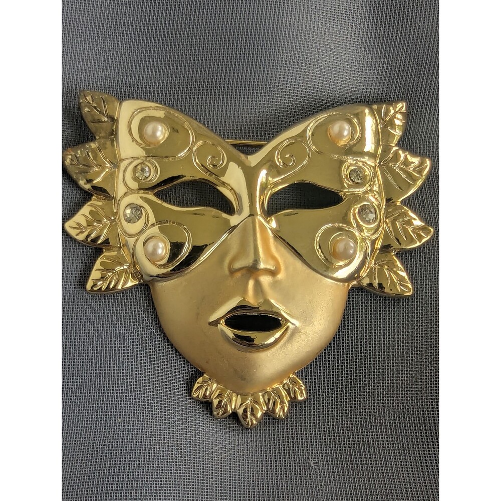 Vintage Gold Tone Venetian Mask Brooch With Faux Pearls and Rhinestones